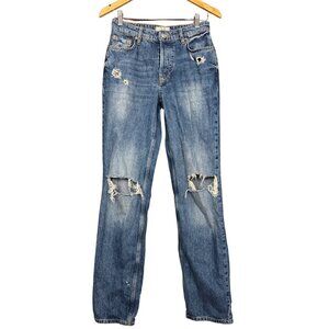We The Free Distressed Straight Leg Jeans Size 25 Boho Button Fly Ripped Knee